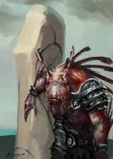 digital illustration depicting an anthropomorphic lionfish(a teal and red fish, that has several rows of spikes and fins), as a bulky barbarian. He appears to be in some sort of acuatic ancient ruins, wearing somewhat ritualistic metal light armor, and a leather and kelp tassel/loincloth underneath, resting himself against a giant stone carved monolith. He has a red scales beard and is missing his right eye, and shows several scars across his body, with the left eye glowing a bright green.