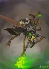 digital illustration depicting an anthropomorphic wasp, in a not very detailed stony enviroment,doing a martial art charge and dodging downwards toward the "camera",  wielding a two handed blunt staff with a triple bladed bigger head, which is glowing green while it moves, in a circular motion above the character's head