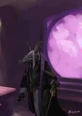 digital illustration of an anthropormorphic aardvark (a "rabbit-like creature with long snout) inside a cabin in a violet enviroment. they are walking on an ornate cane, and sport some jewelry, as well as some equally ornate  robes/clothing. They have a ceremonial white and gold hairdress, and have a "speak with dead" board and a card deck on a sash underneath the outer robes.