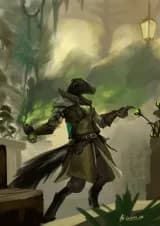 digital illustration in a painterly style depicting an anthropomorphic skunk in the middle of a lush greenhouse, holding a green glowing and smoke emitting vial with their right hand, while attempting to touch a plant with green glowing orbs on the right side of the image. They can be seen wearing some sort of thick labcoat and gloves , full of pouches, with some shoulder armor on the right side, an emerald tablet can be seen hanging on the back of the character as well.