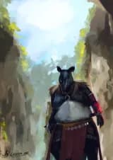 A digital illustraion of an anthropomorphic tapir in tribal clothing, in the middle of a mountaintop's crevice with a temple in the background.He is a larger body type, and has a glowing left arm, his right arm holding a sword on his back.